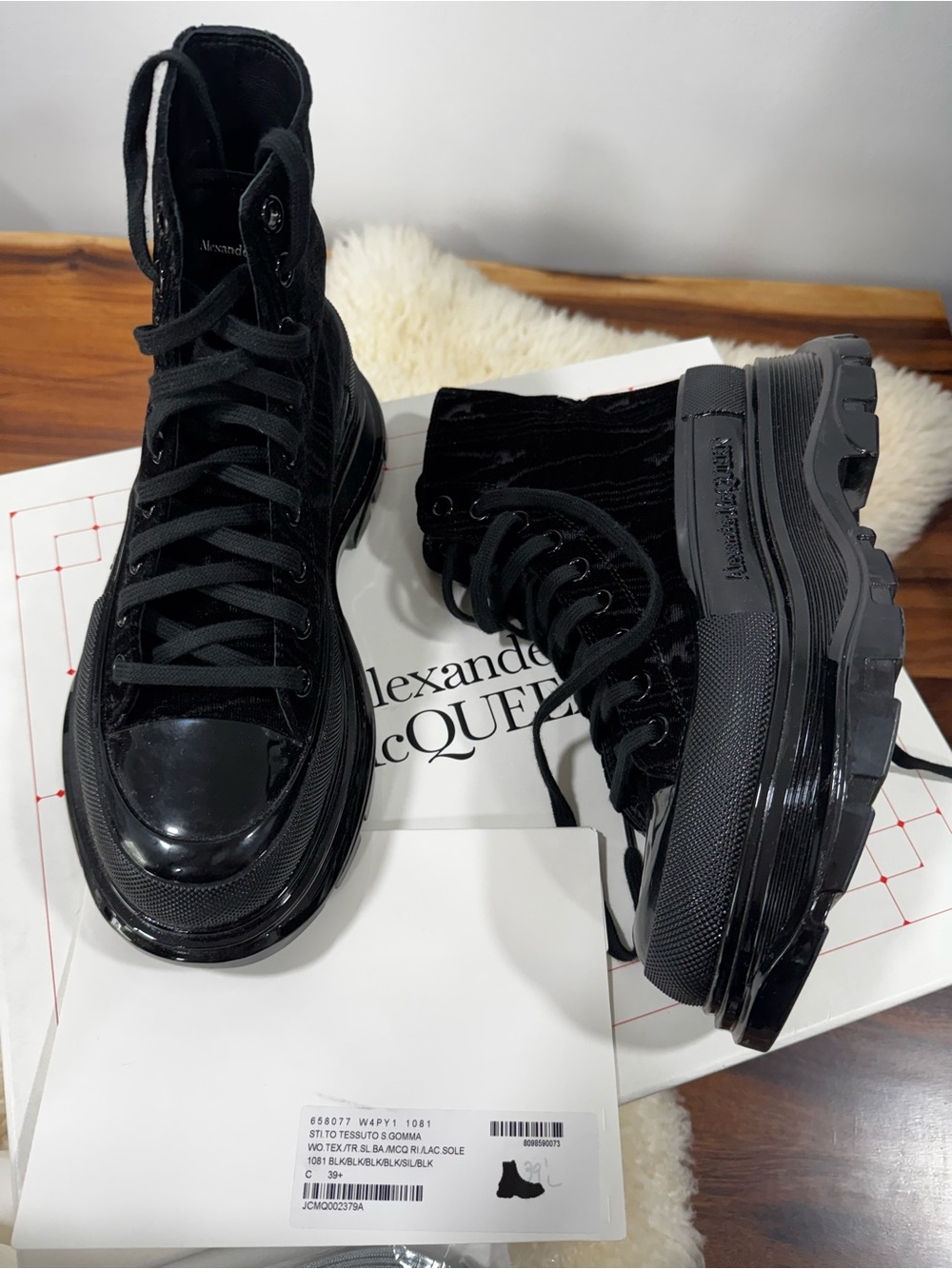 NWT Alexander McQueen Black Velvet and Patent High-Top Sneakers size 8.5